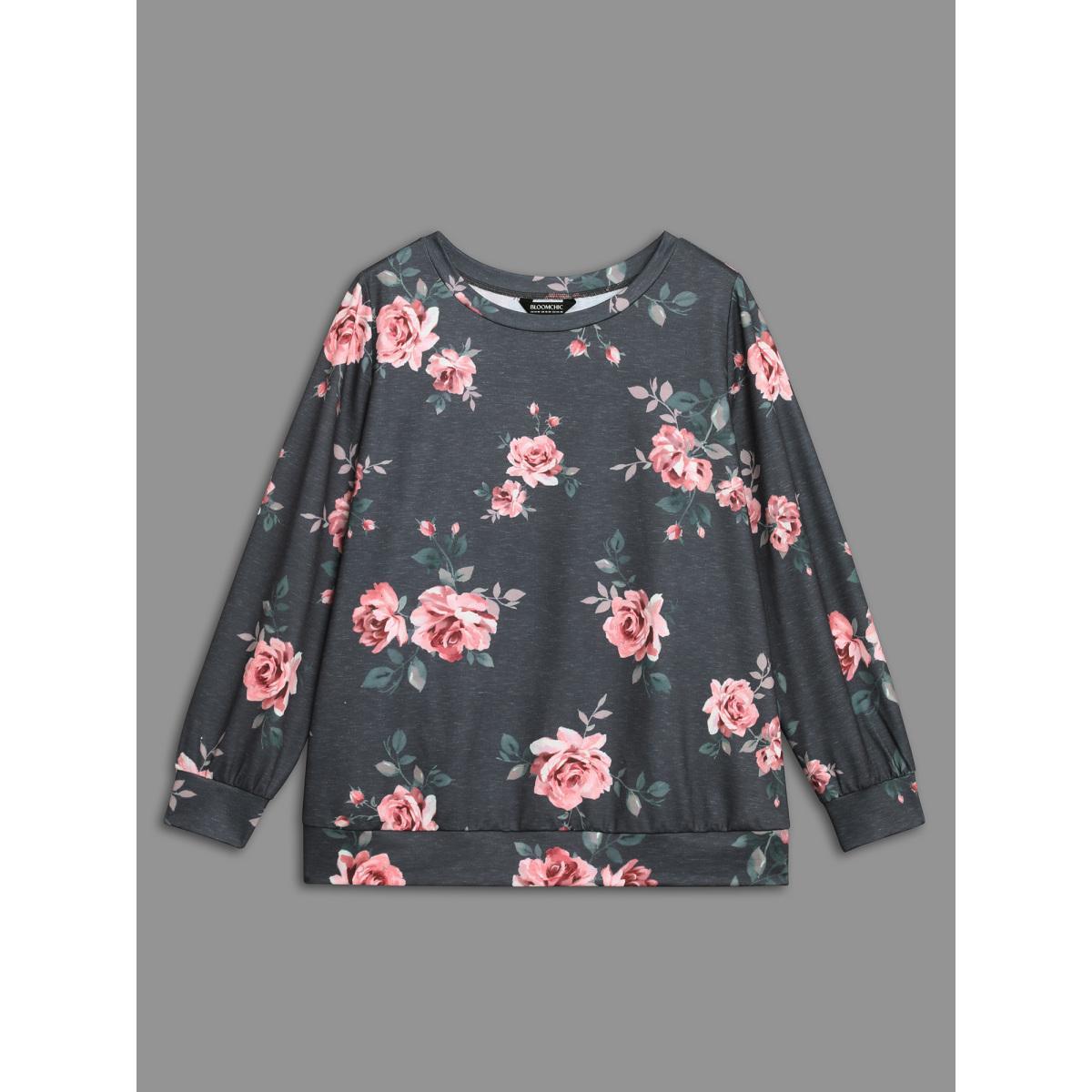 Plus Size Stretchy Floral Paint Sweatshirt Women BlackFlower Casual Contrast Round Neck Everyday Sweatshirts BloomChic 18-20/2X Product Image