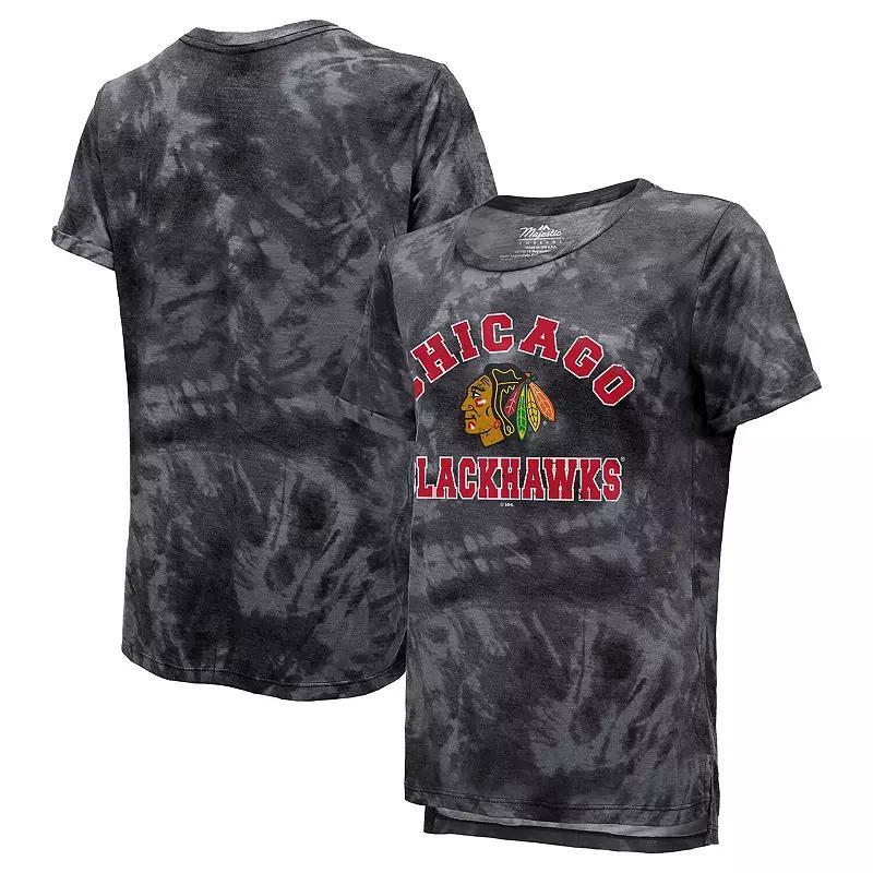 Women's Majestic Threads Black Chicago Blackhawks Boyfriend Tie-Dye Tri-Blend T-Shirt, Size: Large Product Image