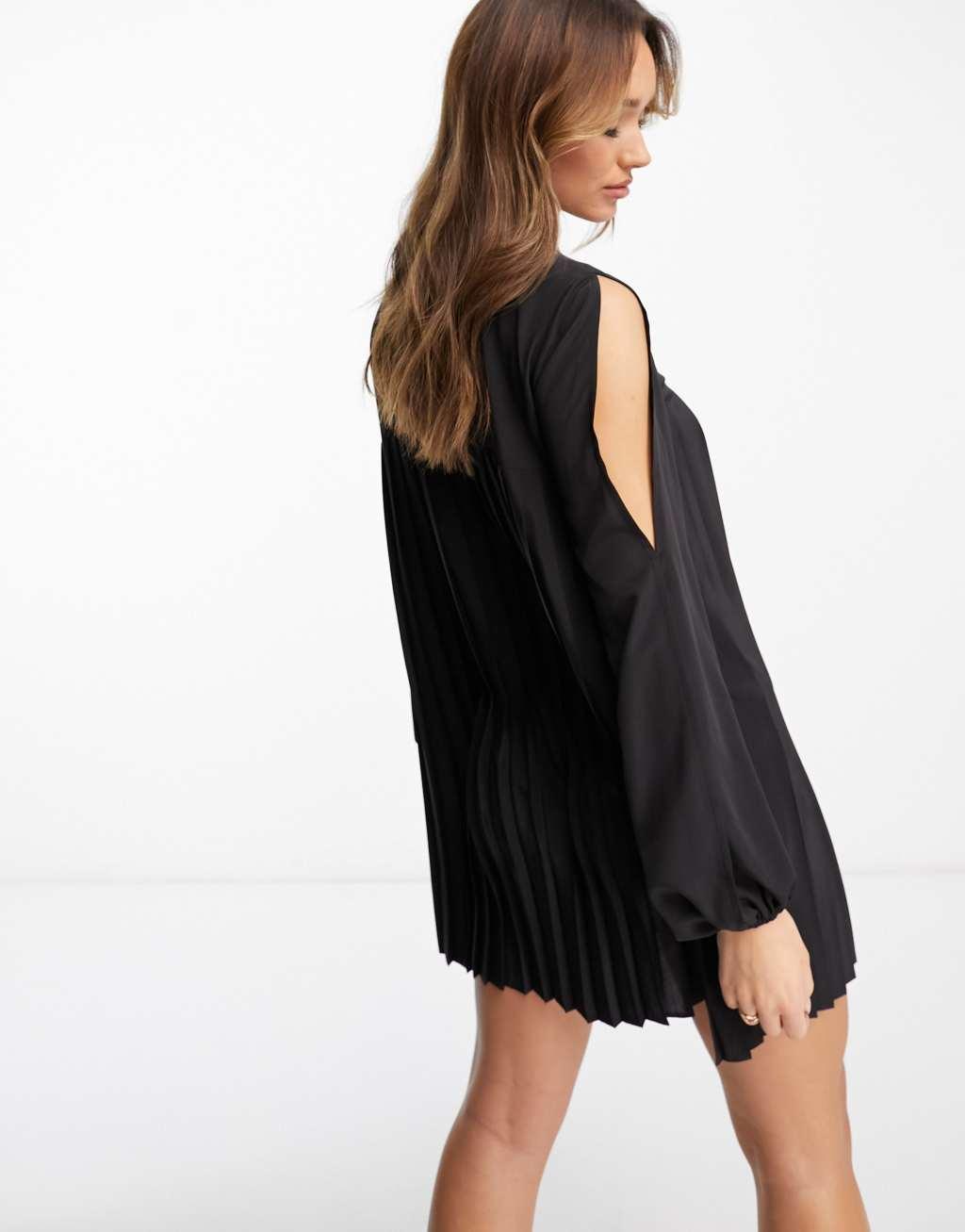 ASOS DESIGN high neck pleated trapeze mini dress with split sleeves Product Image