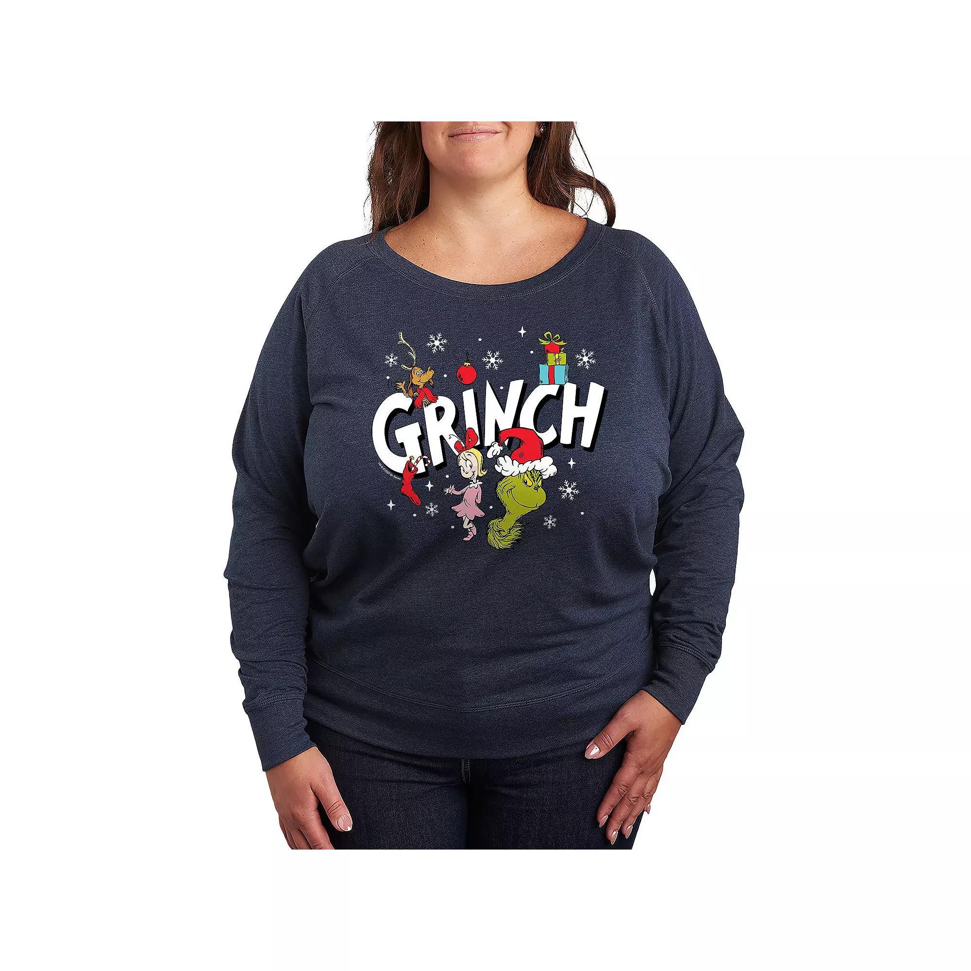 Plus Size Dr. Seuss The Grinch Logo Group French Terry Long Sleeve Tee, Women's, Size: 1XL, Grey Indigo Product Image