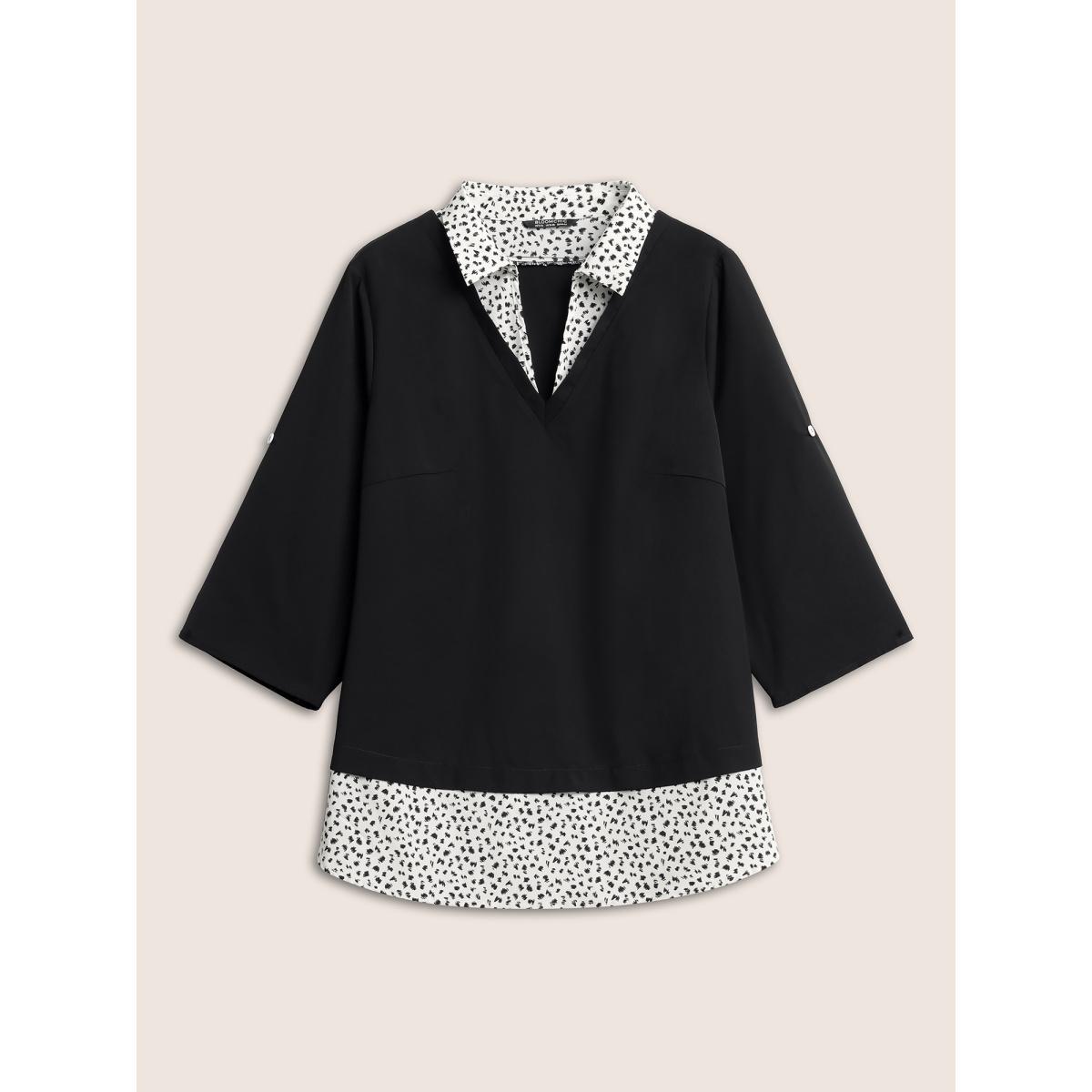 Plus Size Black Static-Free Leopard 2-In-1 Roll Tab Sleeve Blouse Women At the Office Elbow-length sleeve Shirt collar Work Blouses BloomChic 26/4X Product Image