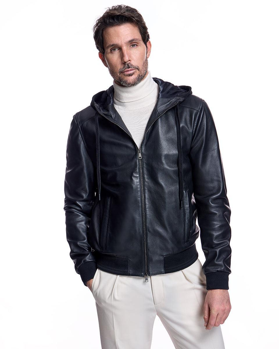 Men's Slim Fit Leather Hooded Jacket Product Image
