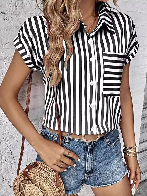 Loose Short Sleeves Contrast Color Split-Joint Striped Patterns Lapel Blouses&Shirts Tops Product Image