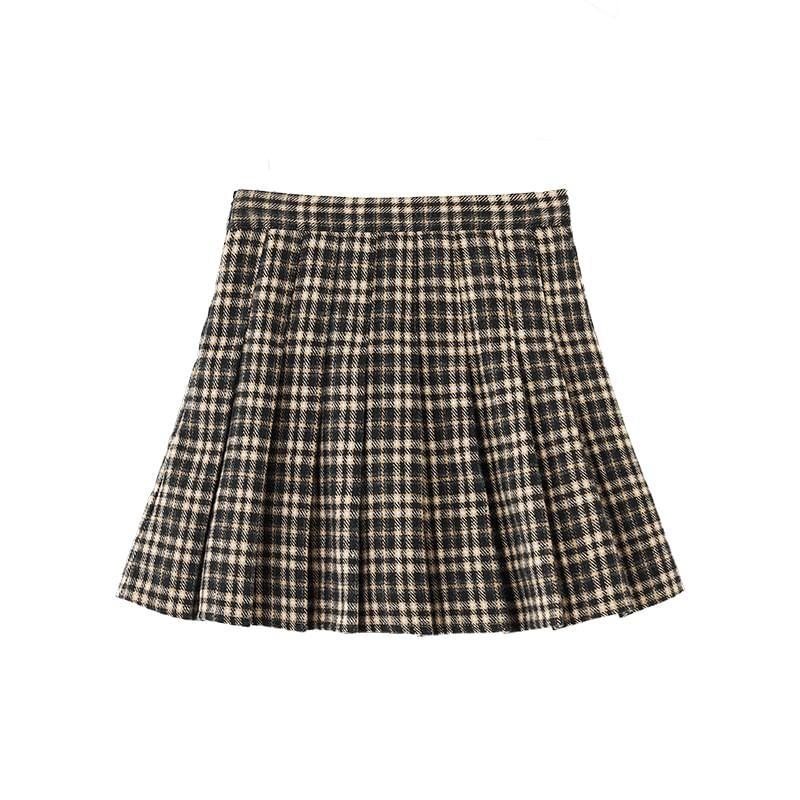 High Waist Plaid Pleated Mini A-Line Skirt Product Image