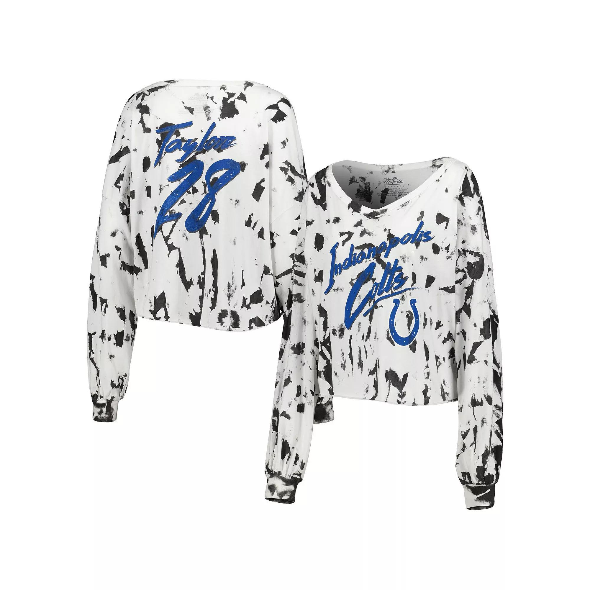 Women's Majestic Threads Jonathan Taylor White Indianapolis Colts Off-Shoulder Tie-Dye Name & Number Cropped Long Sleeve V-Neck T-Shirt, Size: Small Product Image