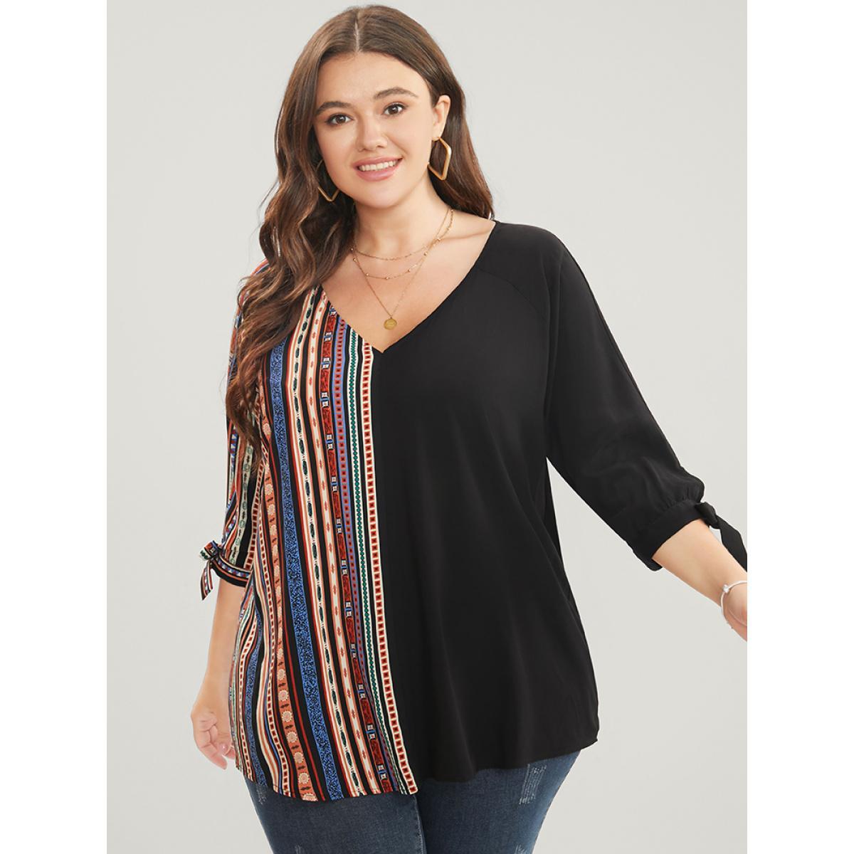 Plus Size Black Striped Geometric Patchwork Knotted Sleeve Blouse Women Vacation Elbow-length sleeve V-neck Dailywear Blouses BloomChic 12/L Product Image
