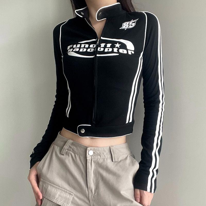 Long-Sleeve Mock Neck Lettering Zip-Up Crop Top Product Image