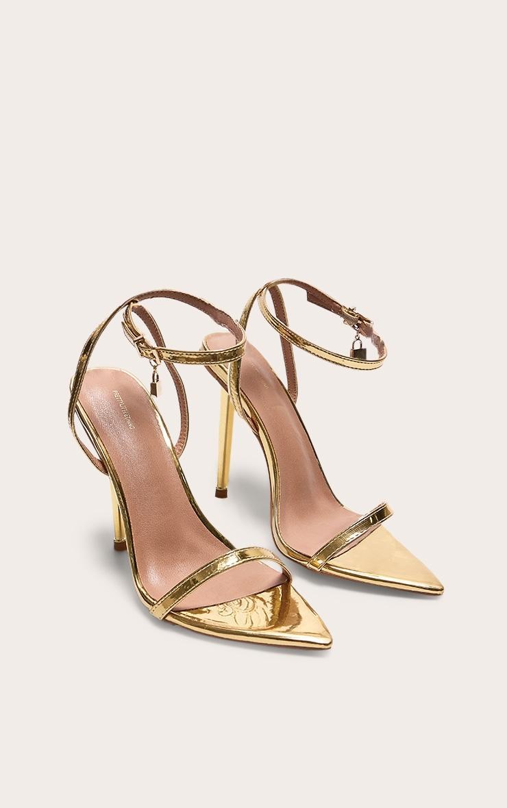 Gold Pu Point Toe Lock Charm Heeled Sandals Product Image