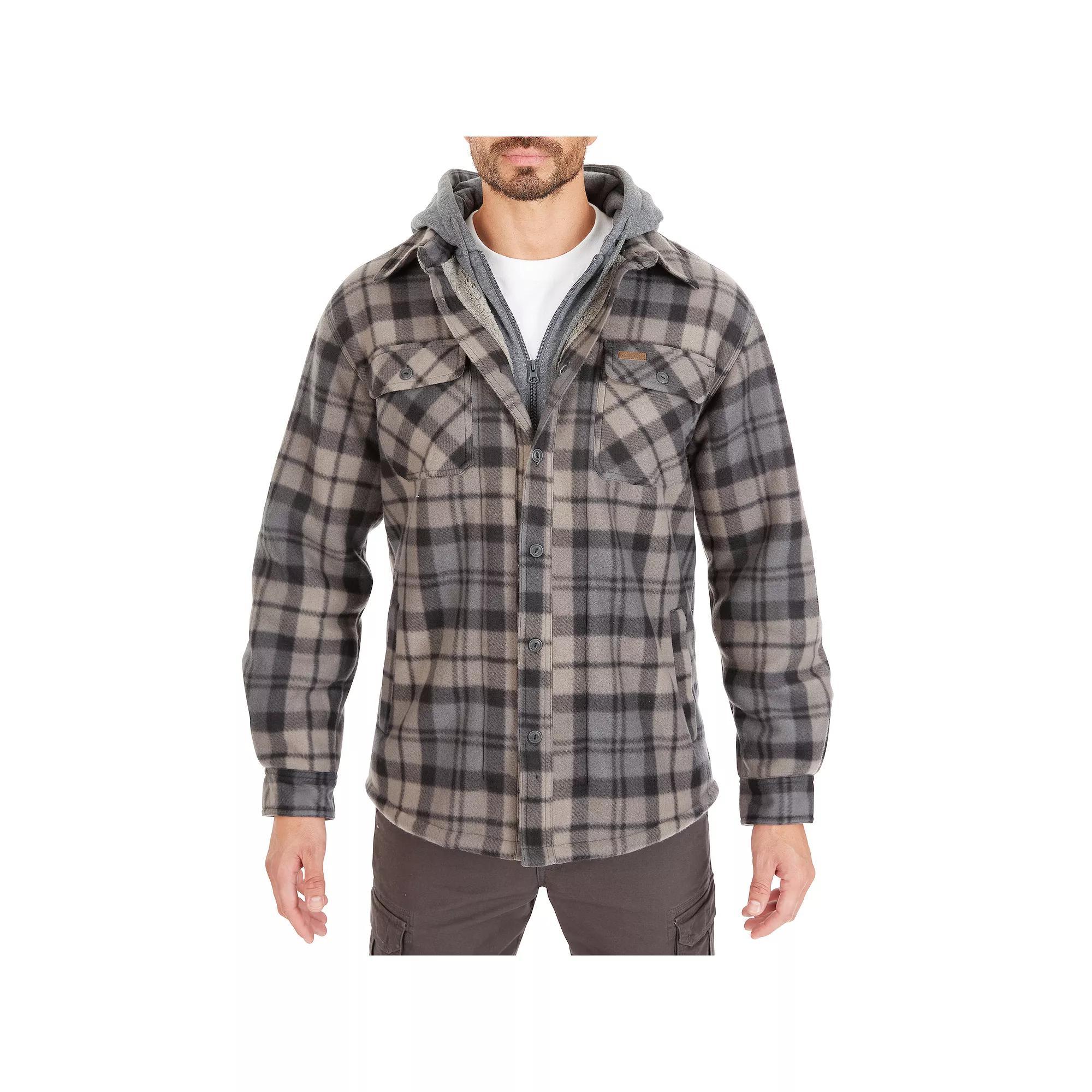 Men's Smith's Workwear Plaid Sherpa-Lined Microfleece Hooded Shirt Jacket, Size: XXL, Black Gray Product Image