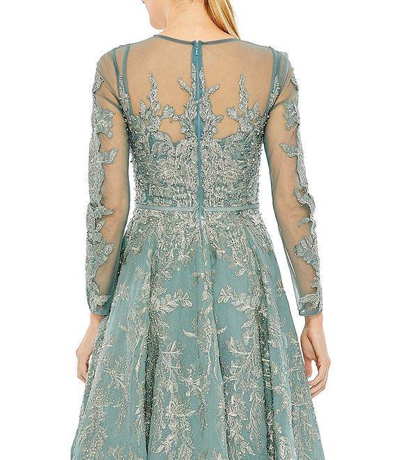 Mac Duggal Illusion Crew Neck Long Sleeve Beaded Tea Length A-Line Dress Product Image