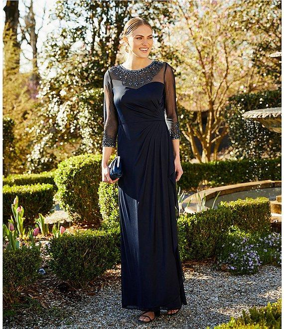 Alex Evenings Petite Size Crew Neck 3/4 Sleeve Stretch A-Line Gown Product Image