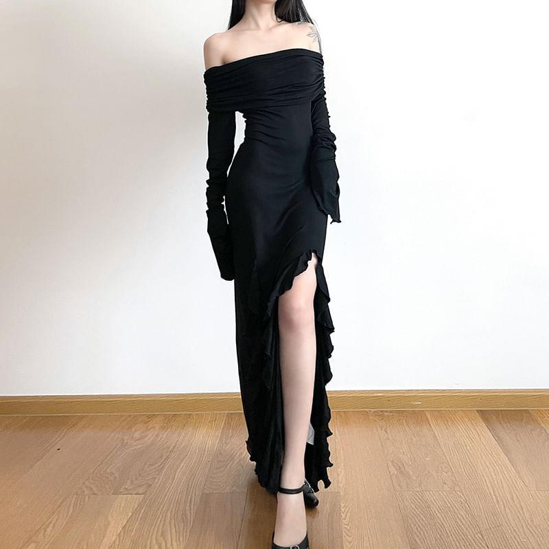 Long-Sleeve Off Shoulder Frill Trim Plain Maxi Sheath Dress Product Image