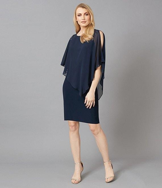 Ignite Evenings Chiffon Asymmetric Overlay 3/4 Sleeve Beaded Shoulder Detail Round Neck Sheath Dress Product Image