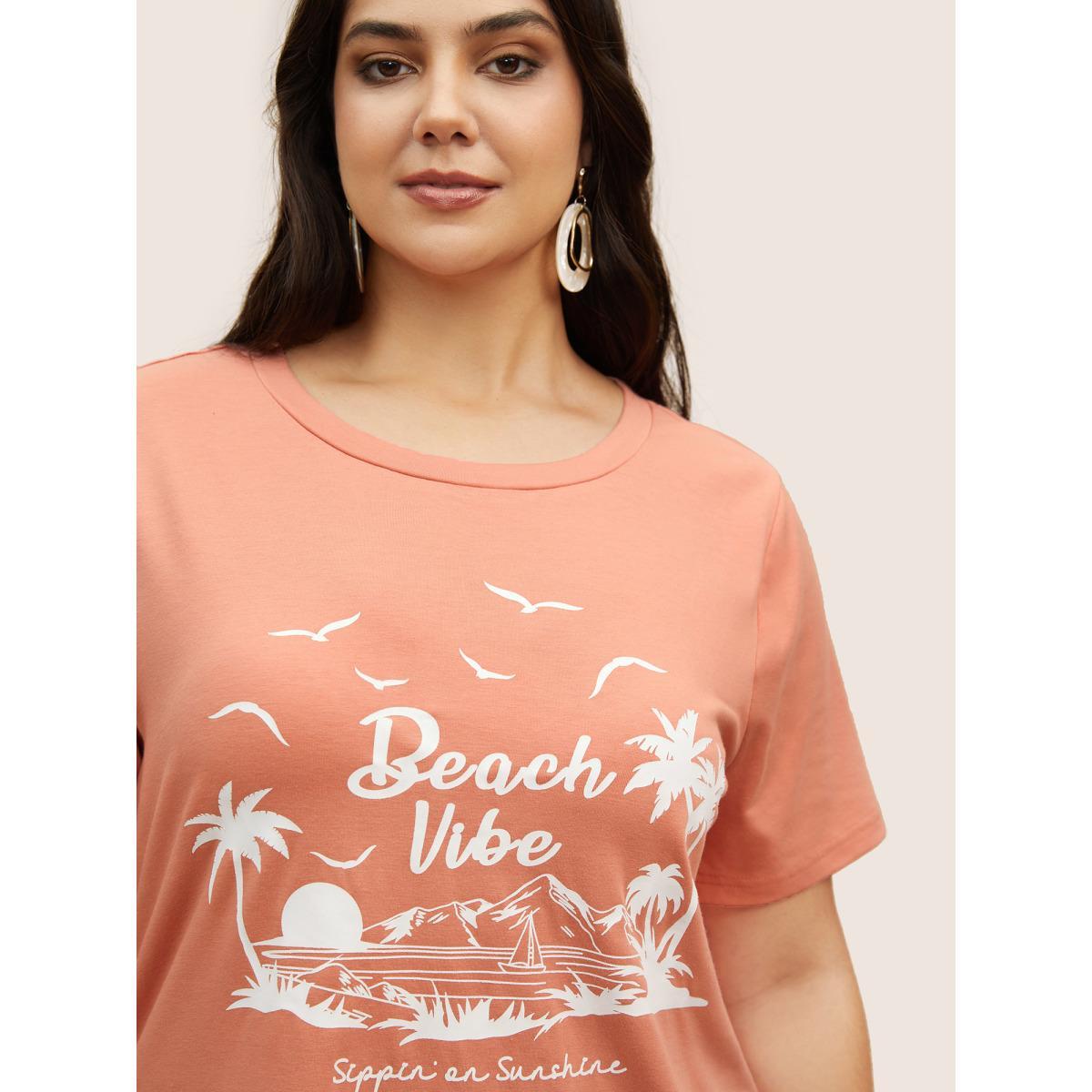 Plus Size Tropical Coconut Tree Print Round Neck T-shirt Salmon Women Resort Contrast Art&design Round Neck Vacation T-shirts BloomChic 18-20/2X Product Image