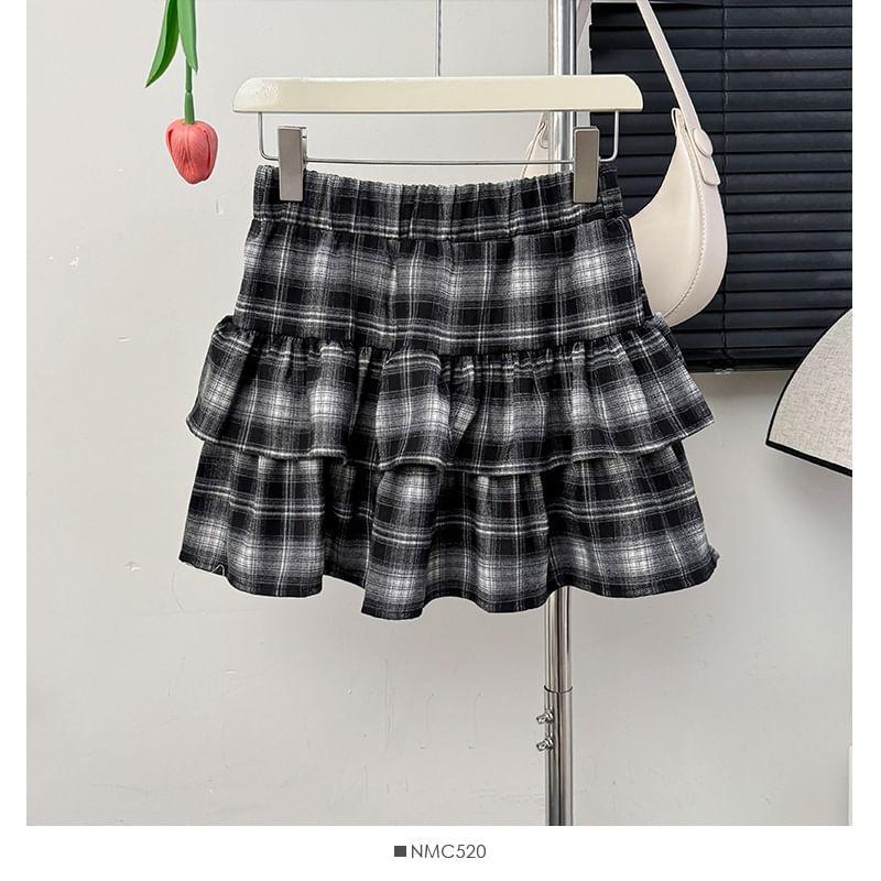 Tiered Plaid High-Rise A-Line Skirt Product Image