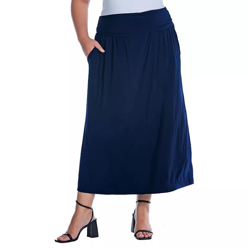 Plus Size 24Seven Comfort Apparel Foldover Maxi Skirt With Pockets, Womens Black Product Image