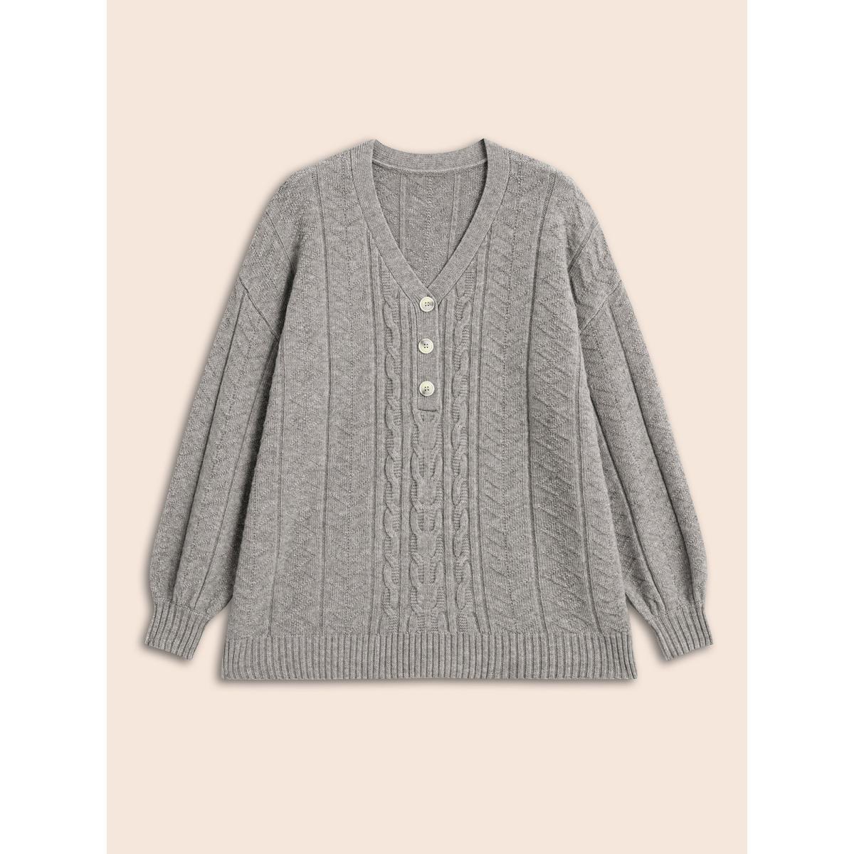 Plus Size Supersoft Essentials Cable Knit Button Up Pullover Mediumgray Women Leisure Loose Long Sleeve V-neck Casual Pullovers BloomChic 12/L Product Image