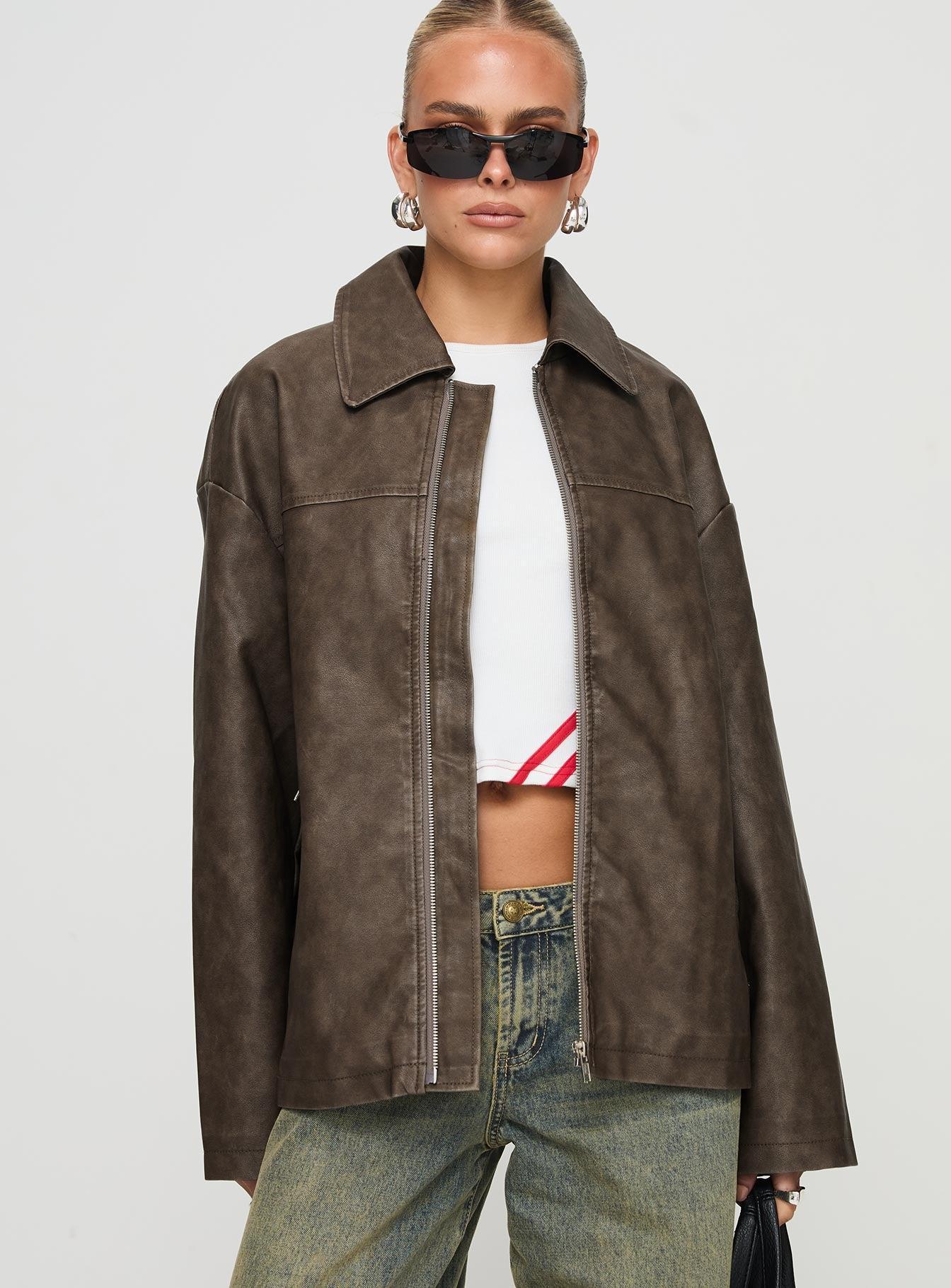 Faux Leather Collared Dad Jacket Washed Brown Product Image