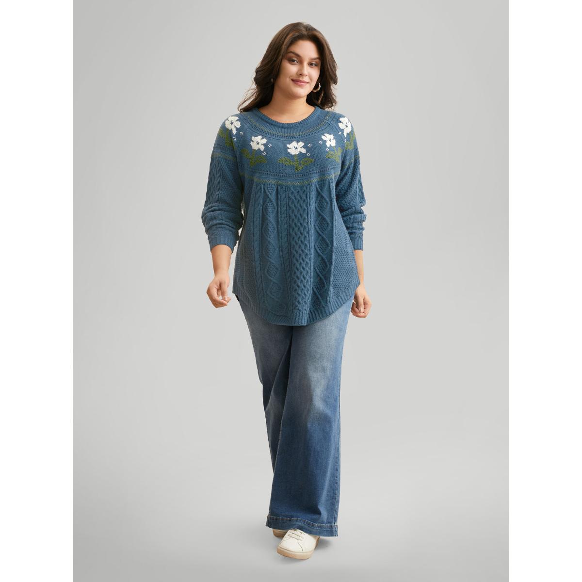 Plus Size Floral Jacquard Raglan Sleeve Pullover Cerulean Women Leisure Long Sleeve Round Neck Casual Pullovers BloomChic 26/4X Product Image