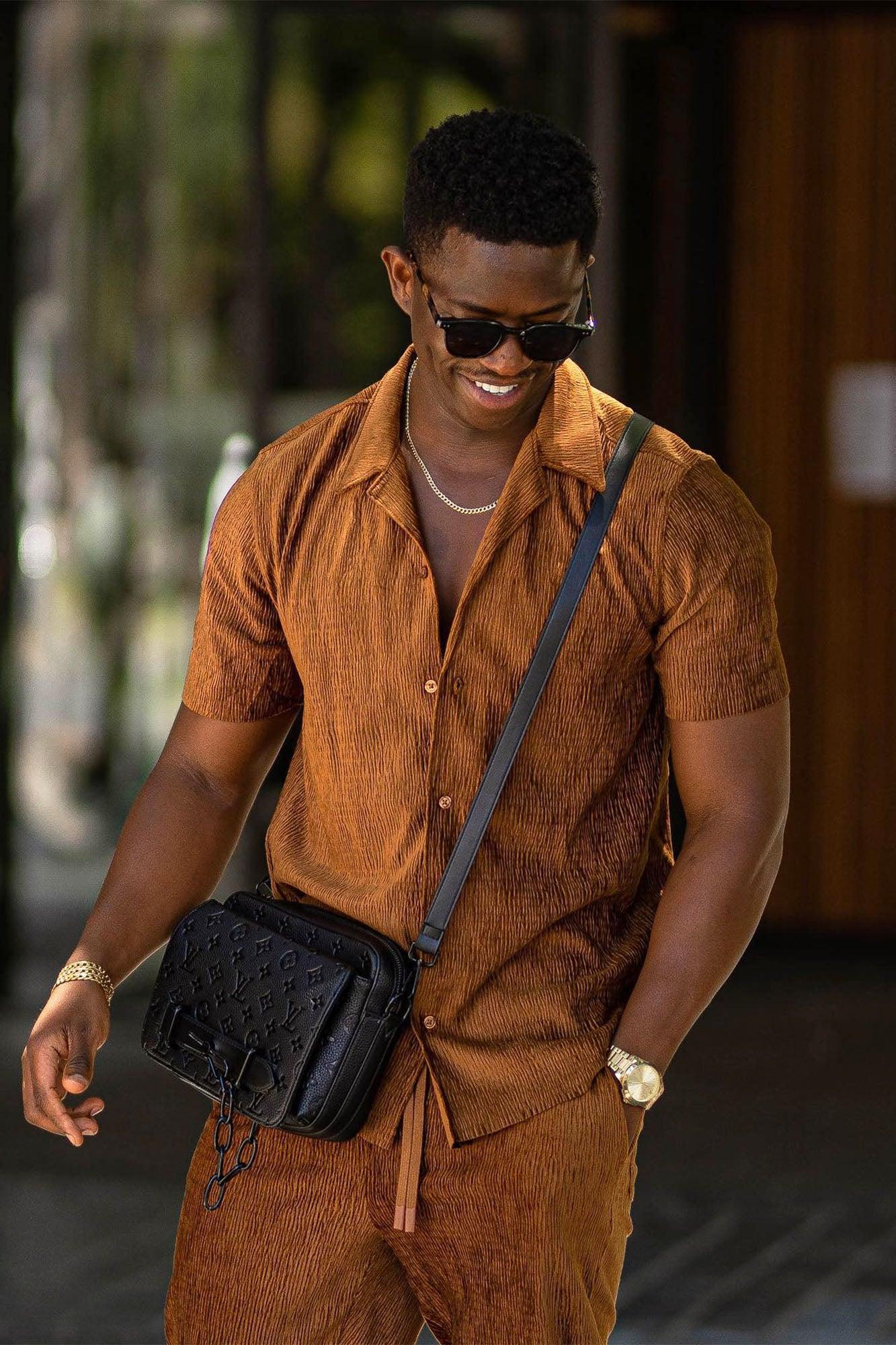Wavy Textured Short Sleeve Cuban Shirt - Chocolate Product Image