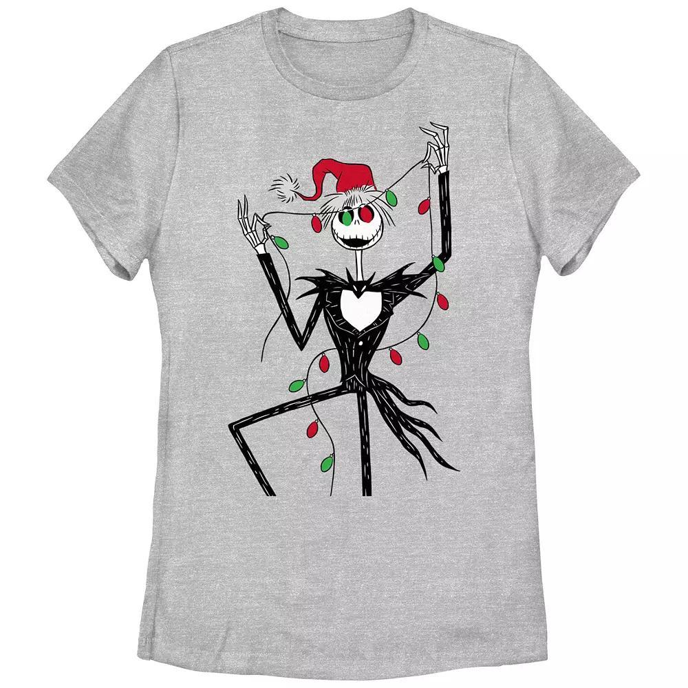 Disney's The Nightmare Before Christmas Jack Skellington Holding Christmas Lights Juniors' Graphic Tee, Girl's, Size: Small, Athletic Grey Product Image