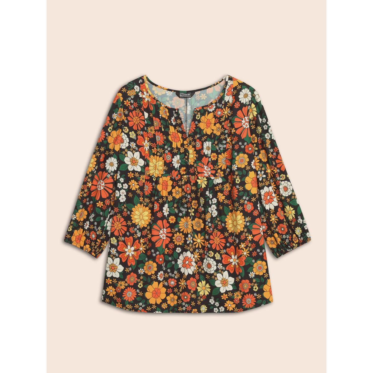 Plus Size Multicolor Natural Flowers Lantern Sleeve Pleated Blouse Women Elegant Elbow-length sleeve Flat collar with V-notch Everyday Blouses BloomChic 26/4X Product Image