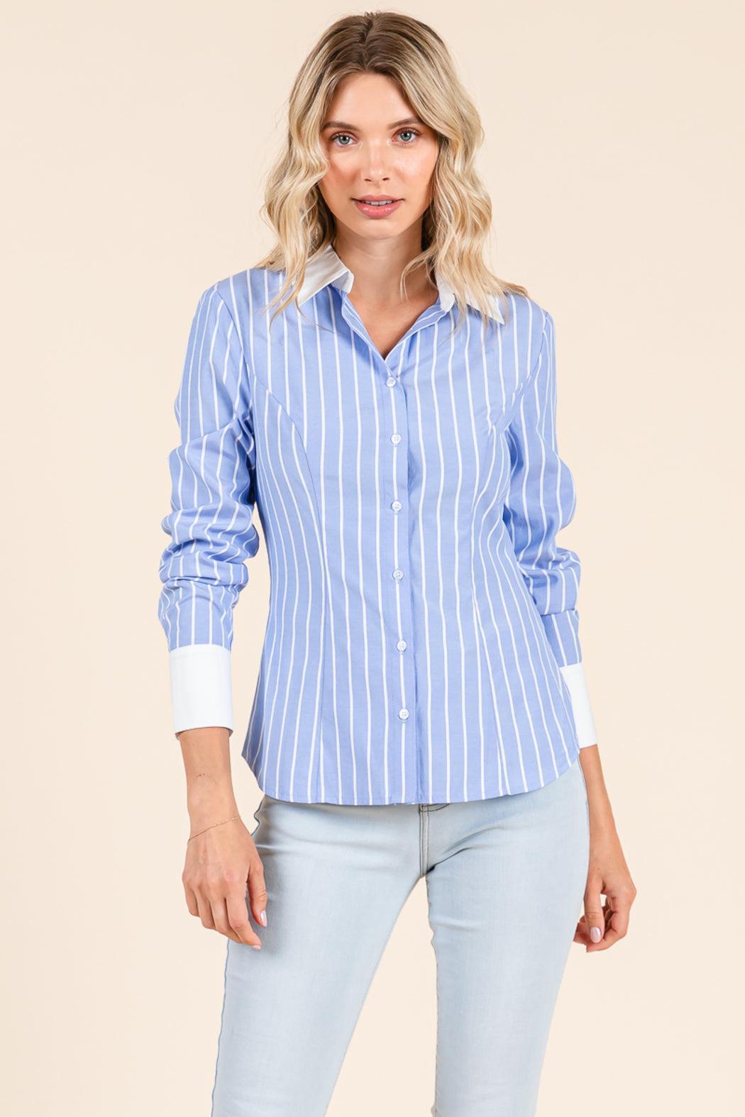 Stripe Button Down Blouse With Contrast Collar Product Image