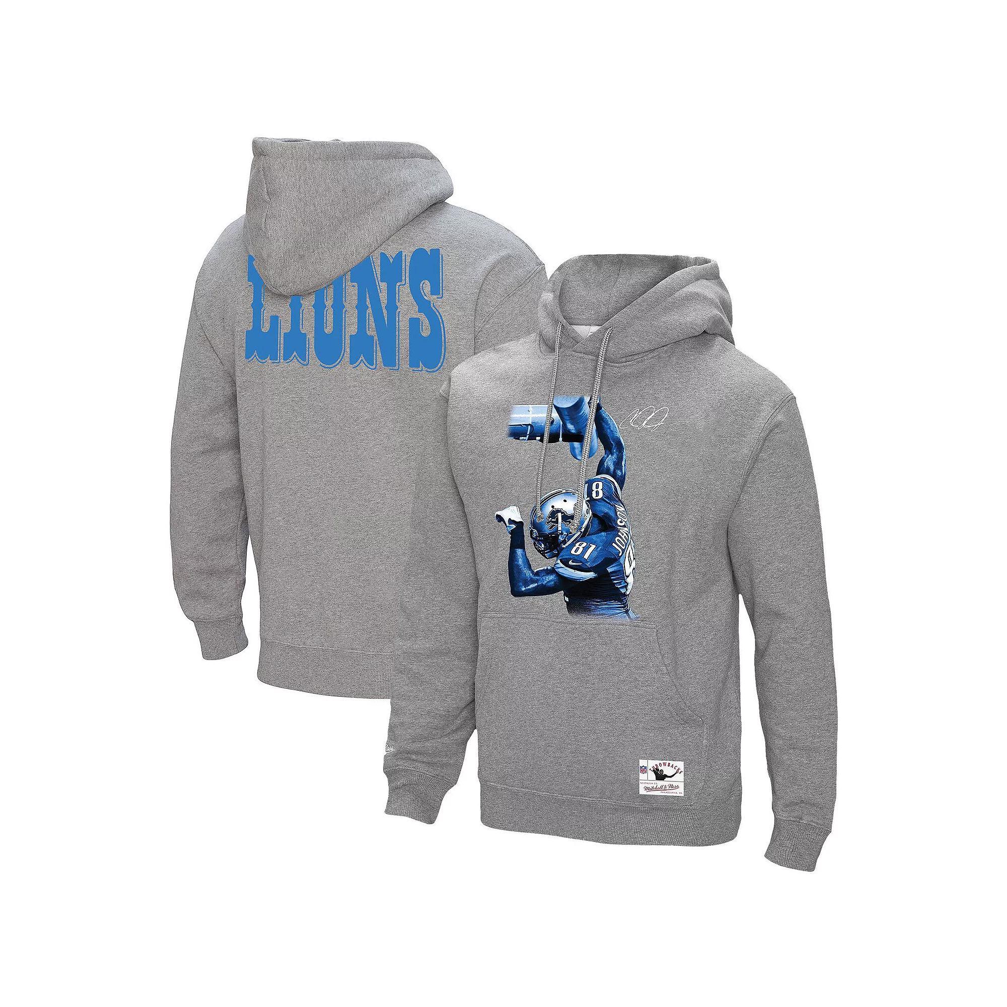 Men's Mitchell & Ness Calvin Johnson Heather Gray Detroit Lions Hall of Fame Player Graphic Pullover Hoodie,  Product Image