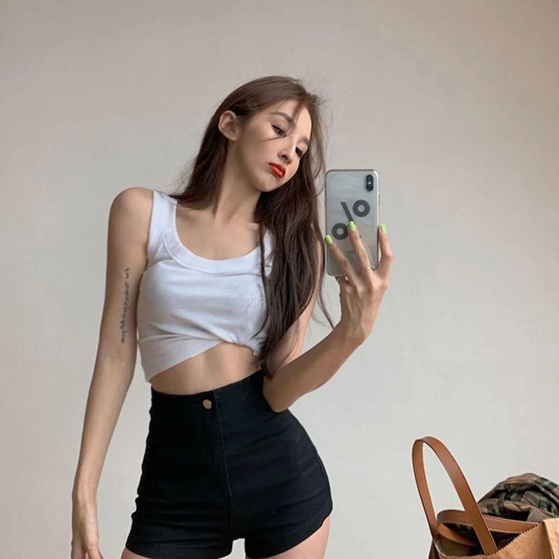 High Waist Plain Denim Shorts Product Image