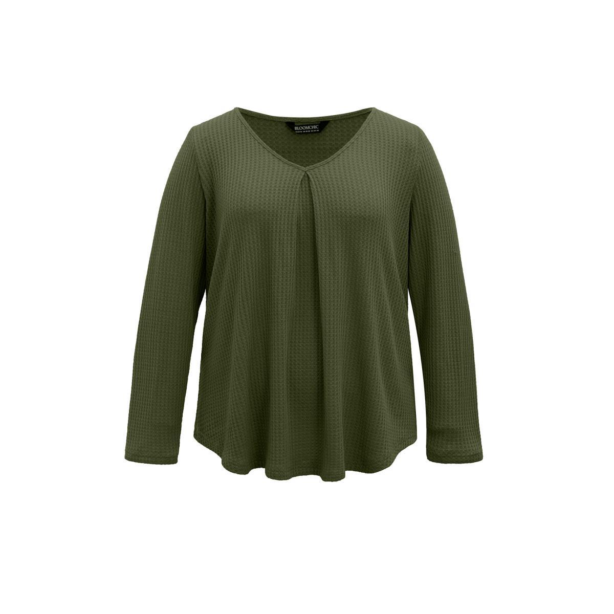 Plus Size Plain Waffle Knit Scoop Neck Plicated Detail T-shirt DarkGreen Women Leisure Non Plain V-neck Casual T-shirts BloomChic 18-20/2X Product Image