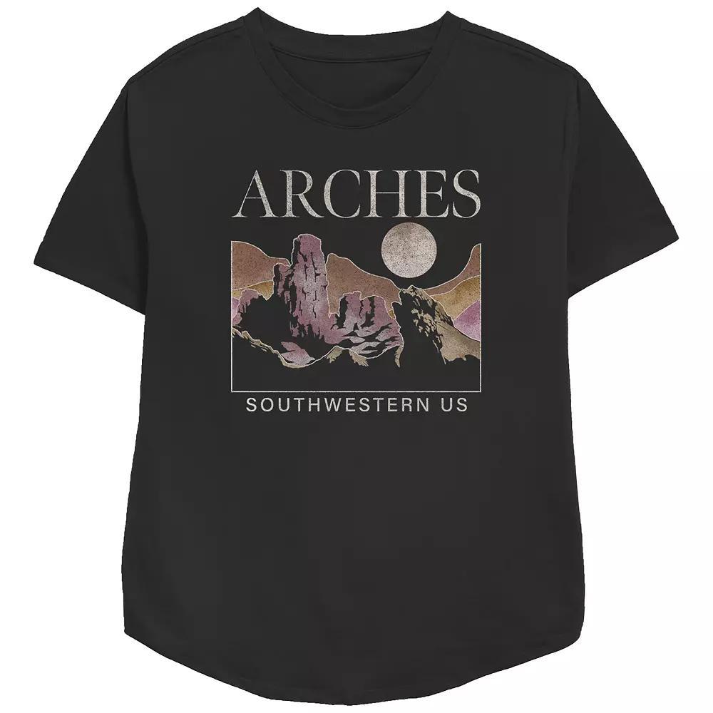 Women's Arches Southwest US Hills Mountains Nightscape Moon Relaxed Fit Graphic Tee, Girl's, Size: Small, Black Product Image