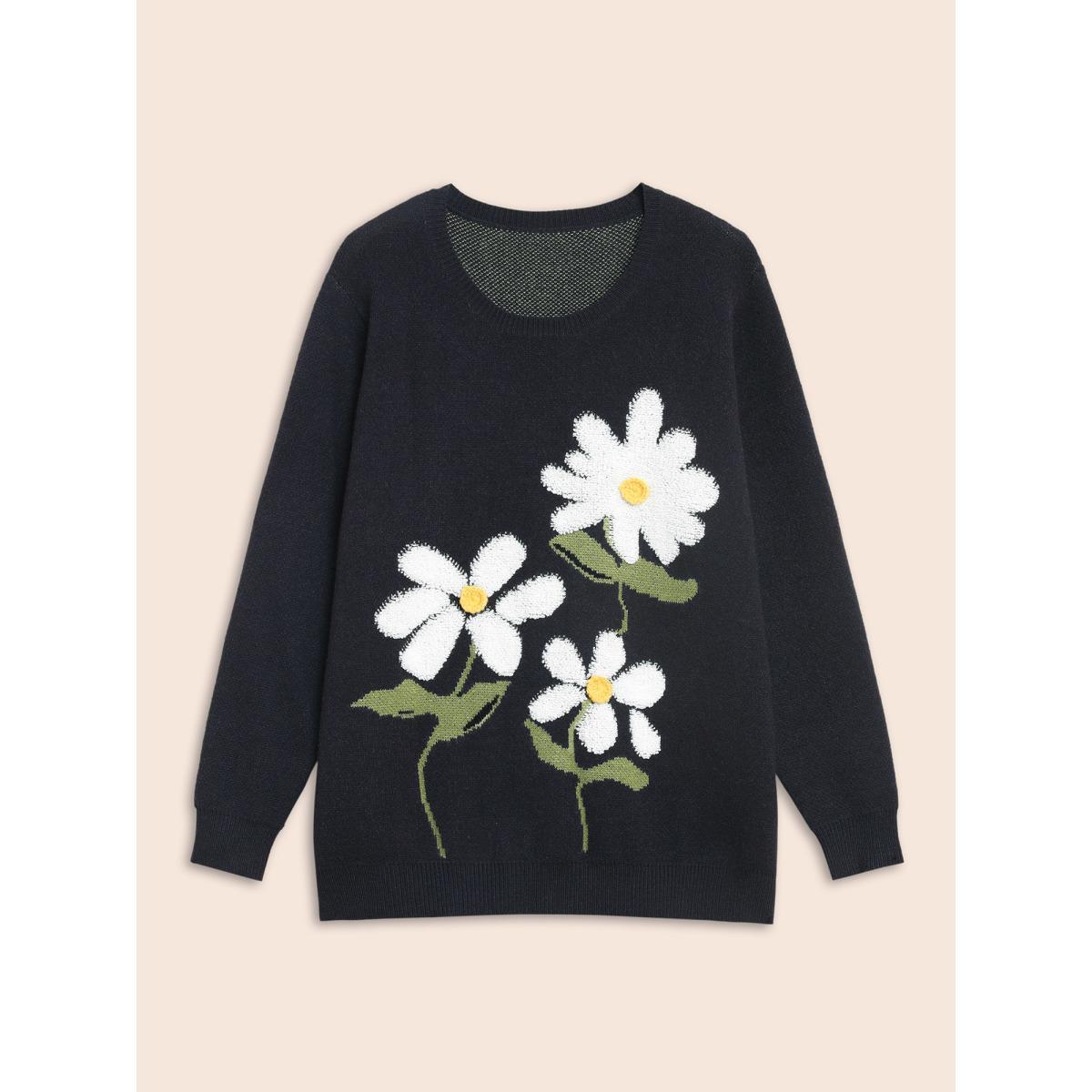 Plus Size Round Neck Floral Contrast Texture Pullover Indigo Women Playful Long Sleeve Round Neck Casual Pullovers BloomChic 30/6X Product Image