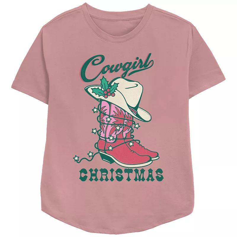 Women's Cowgirl Christmas Hat And Boots Relaxed Fit Graphic Tee, Size: Medium, Pink Product Image