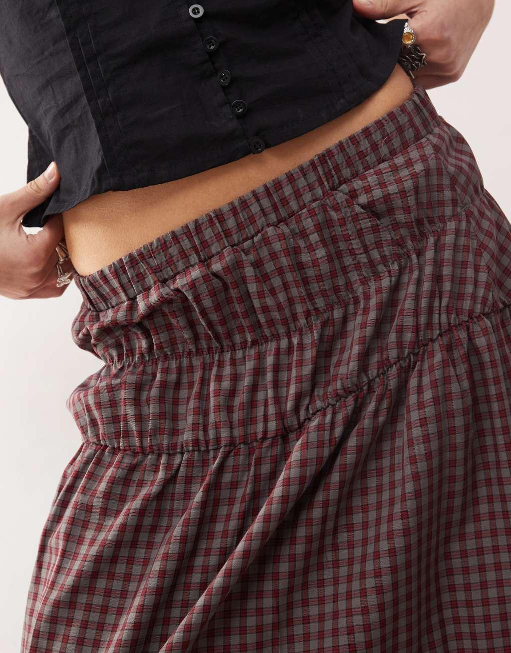Reclaimed Vintage prairie midi skirt with ruffle hem and shirring in burgundy check Product Image