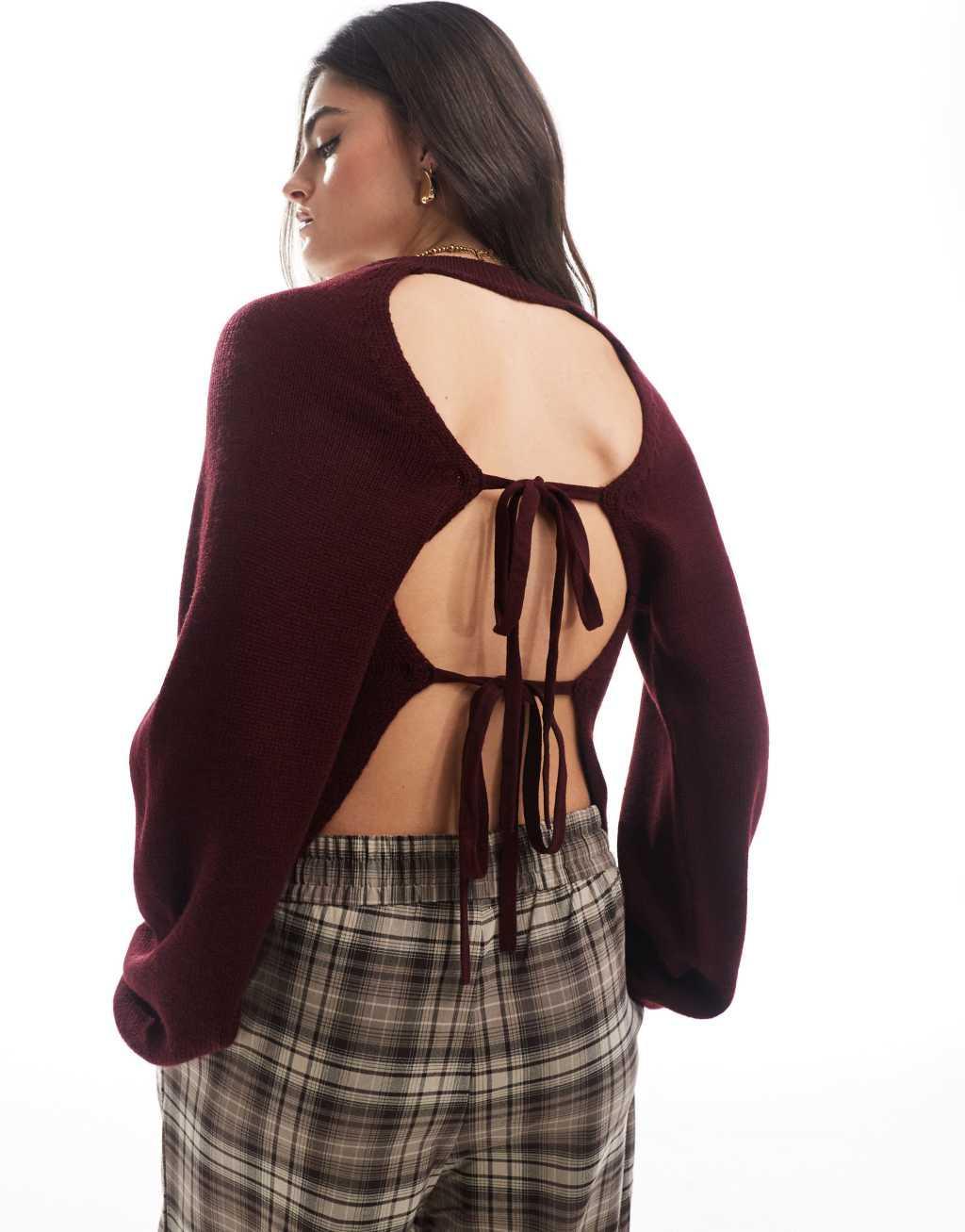 Miss Selfridge double tie back open back sweater in burgundy Product Image