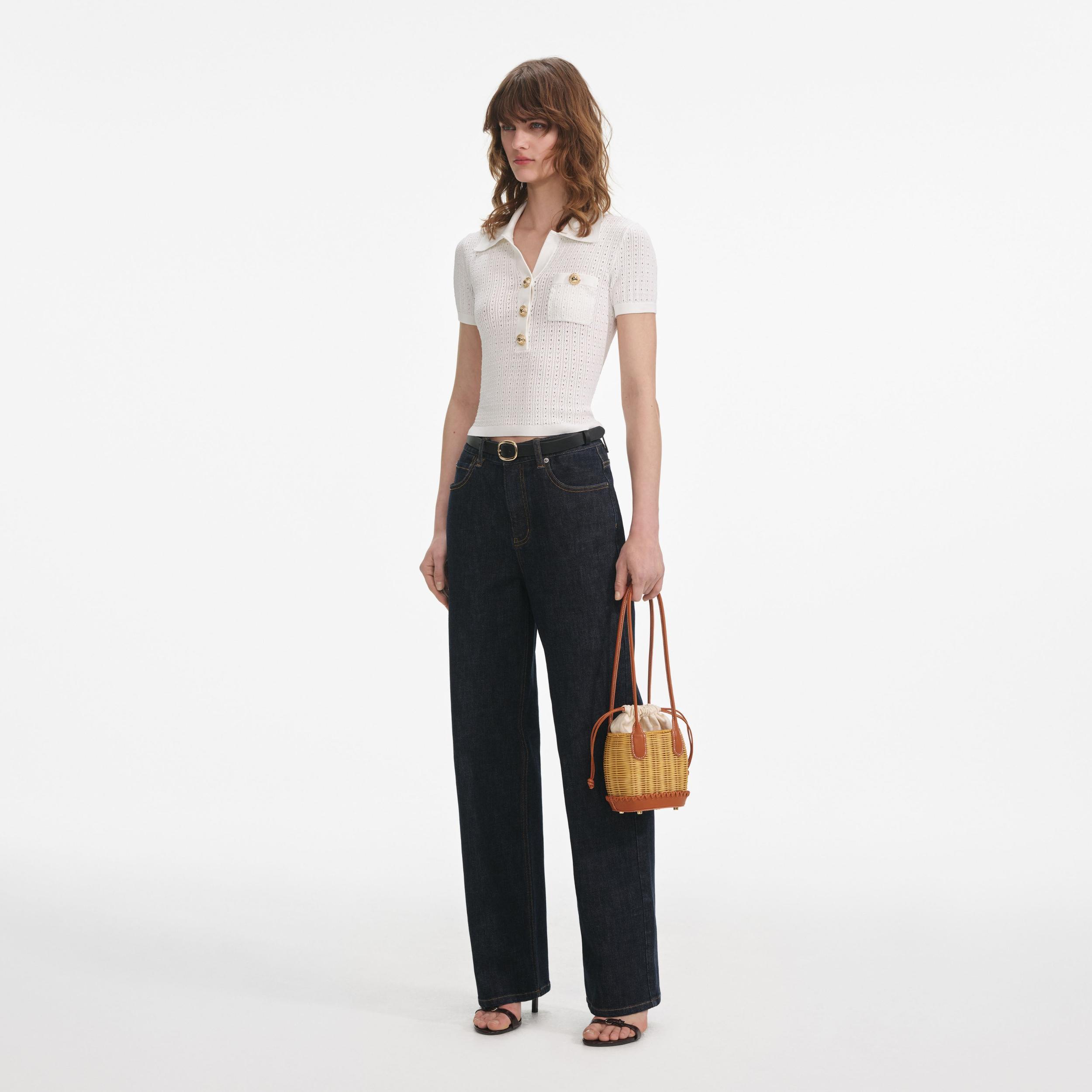 White Pointelle Knit Top Product Image