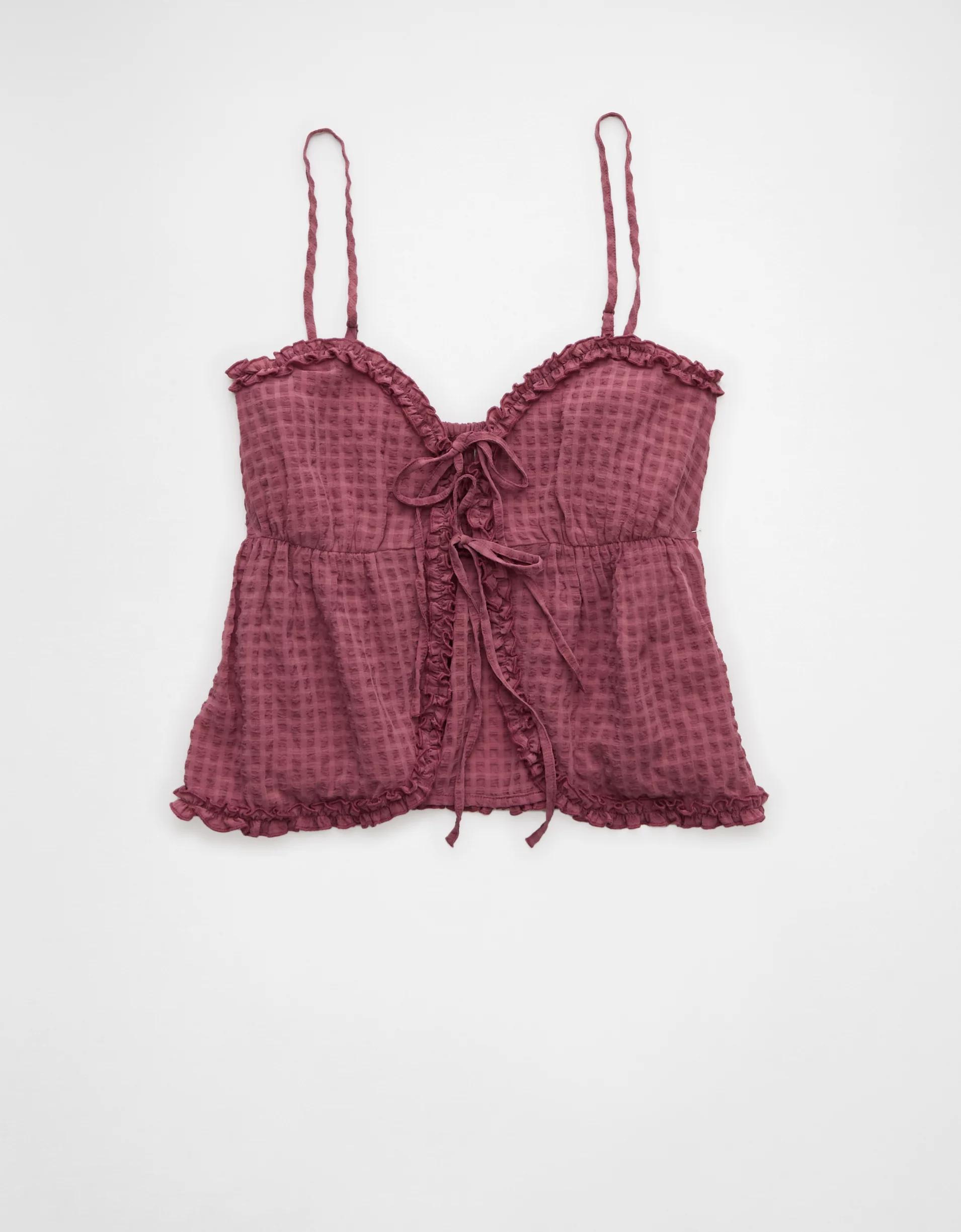 AE Tie Front Ruffle Trim Tank Top Product Image