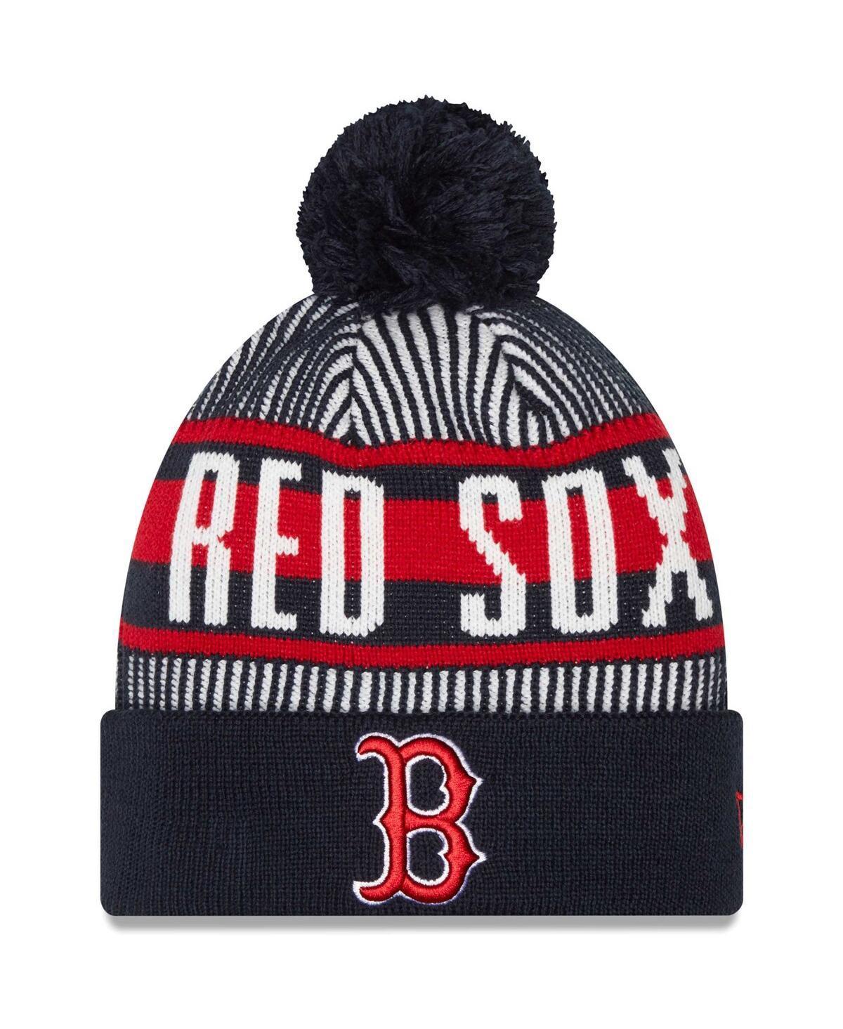 Mens New Era Boston Red Sox Striped Cuffed Knit Hat with Pom, Blue Product Image