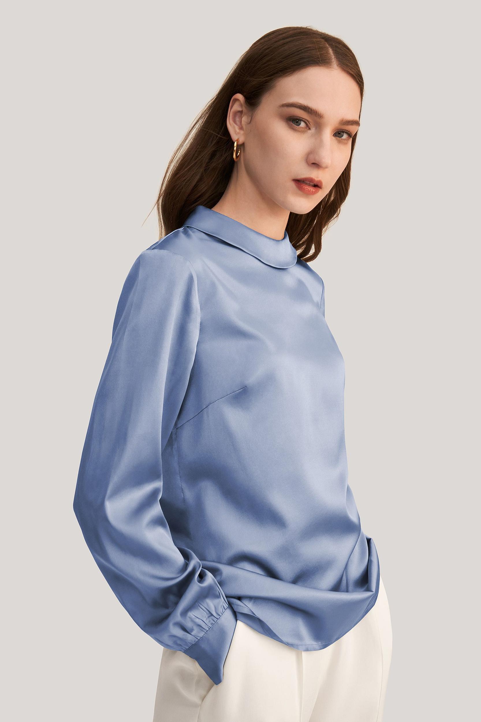 Stand Collar Long Sleeves  Silk Blouse Product Image