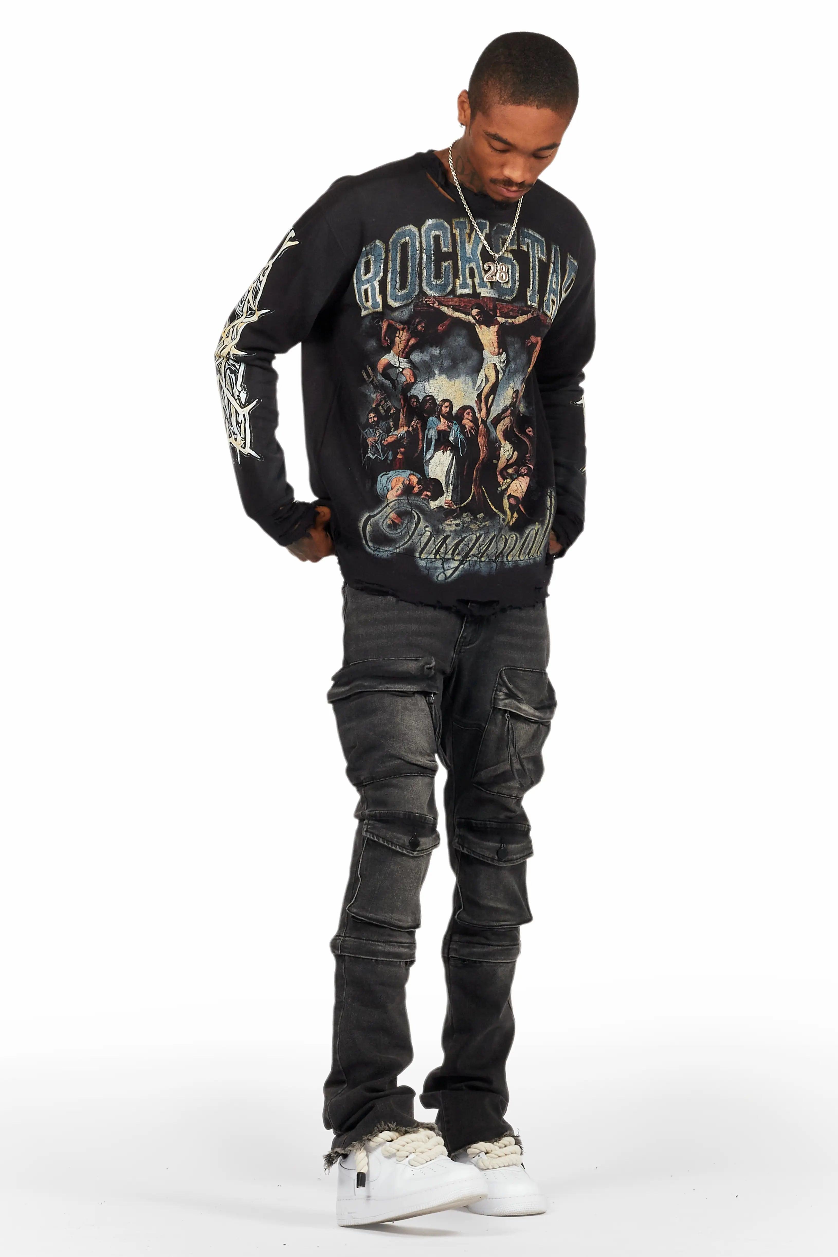 Jan Black Stacked Flare Cargo Jean Male Product Image