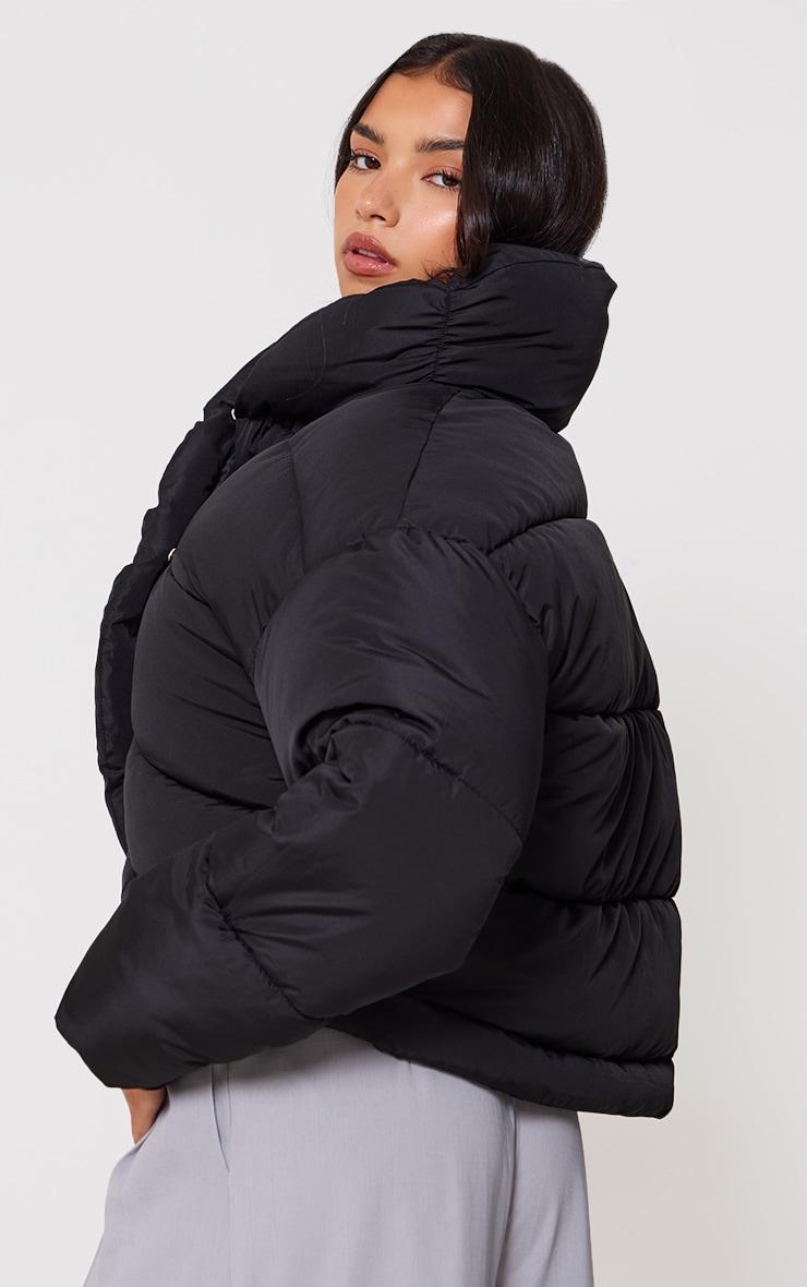 Black Quilted Asymmetric High Neck Puffer Jacket Product Image