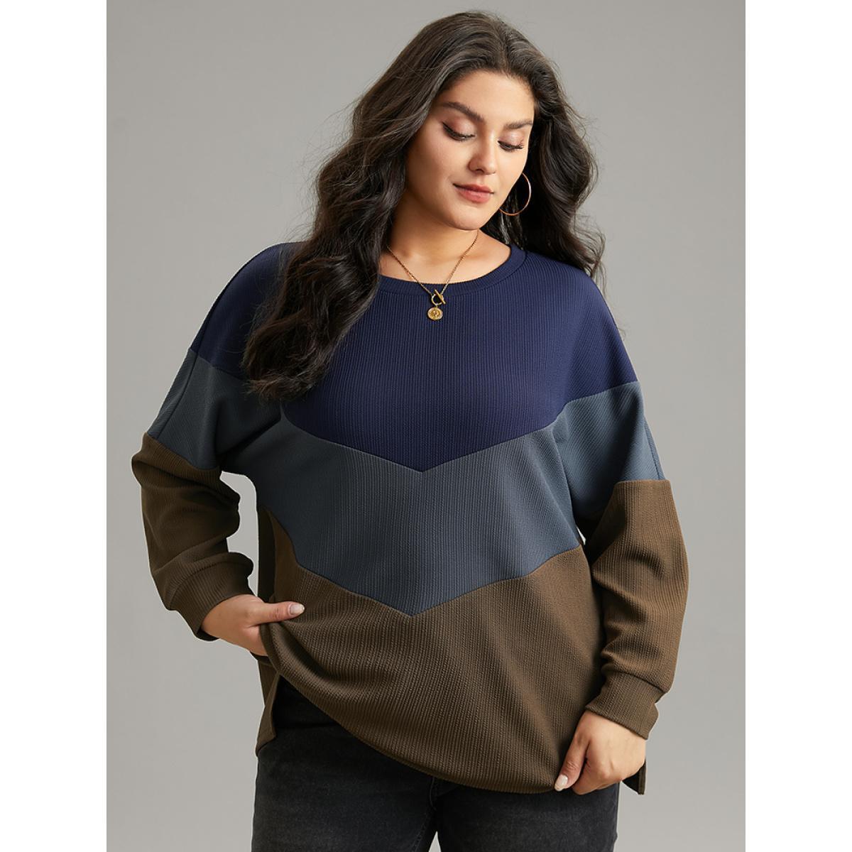 Plus Size Colorblock Rib Knit Drop Shoulder Sweatshirt Women Multicolor Casual Contrast Round Neck Dailywear Sweatshirts BloomChic 12/L Product Image