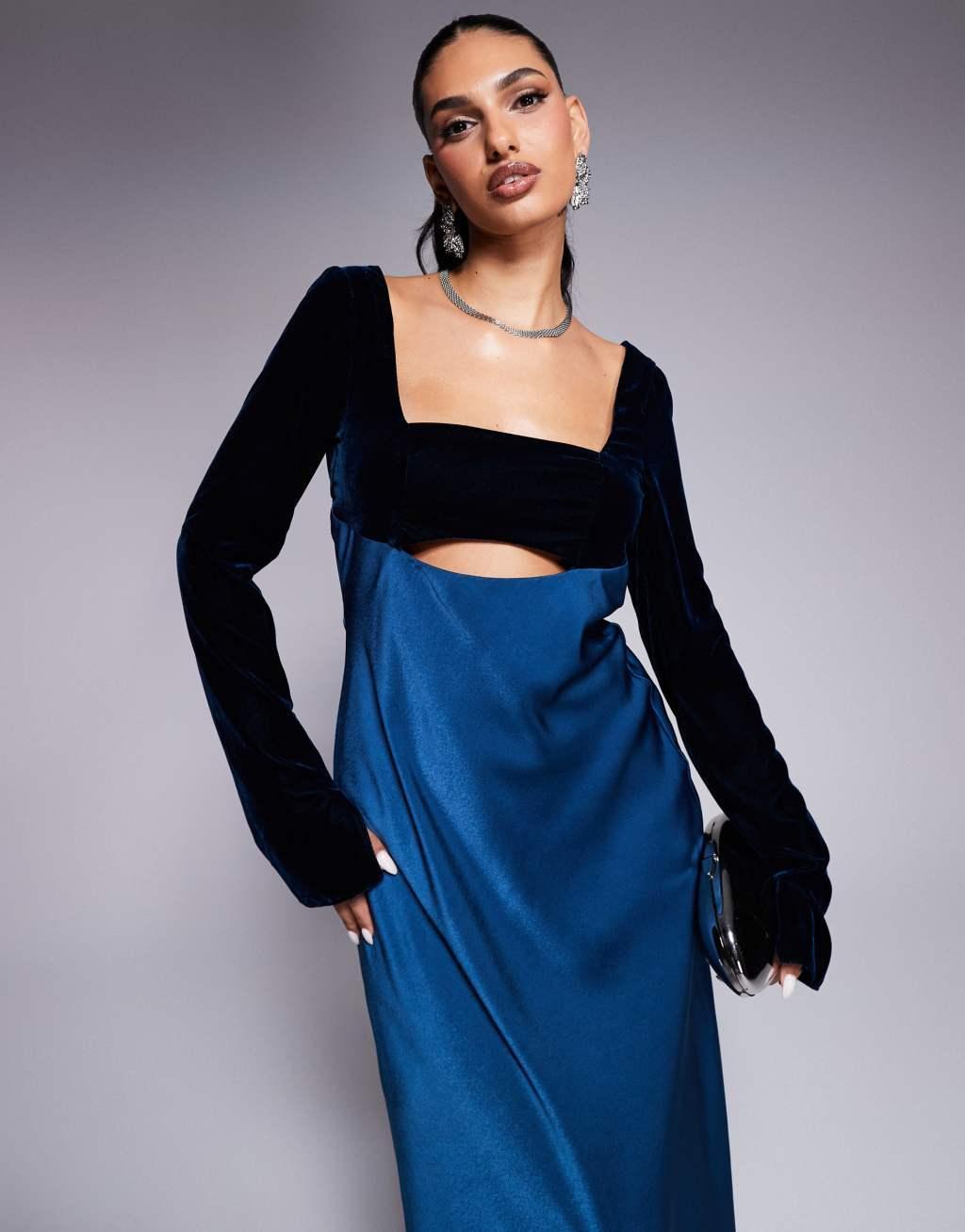 ASOS DESIGN square neck velvet satin mix midaxi dress with cut out in blue Product Image