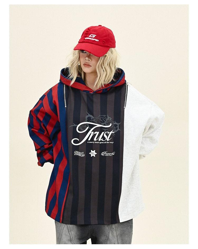 Zip Cold Shoulder Lettering Print Striped Panel Hoodie Product Image