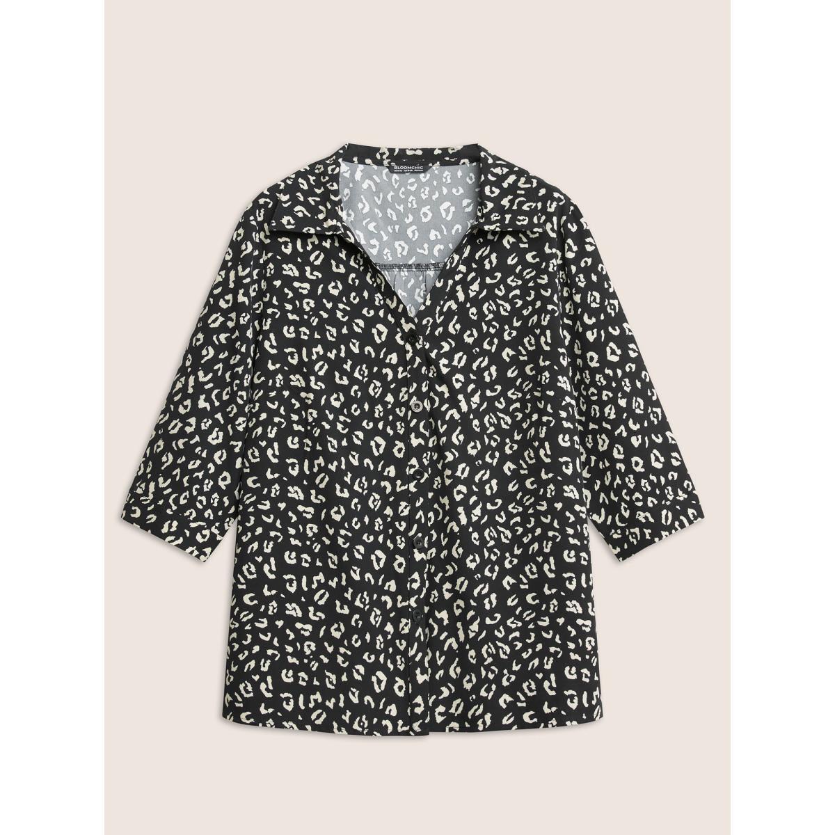 Plus Size BlackFlower Leopard Print Shirt Collar Button Up Blouse Women At the Office Elbow-length sleeve Shirt collar Work Blouses BloomChic 22-24/3X Product Image