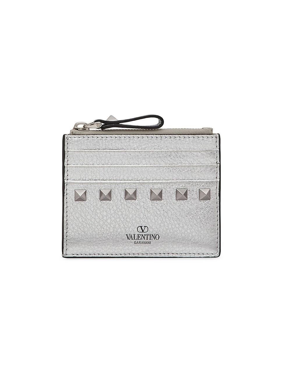 Womens Rockstud Grainy Metallic Calfskin Card Holder With Zipper Product Image