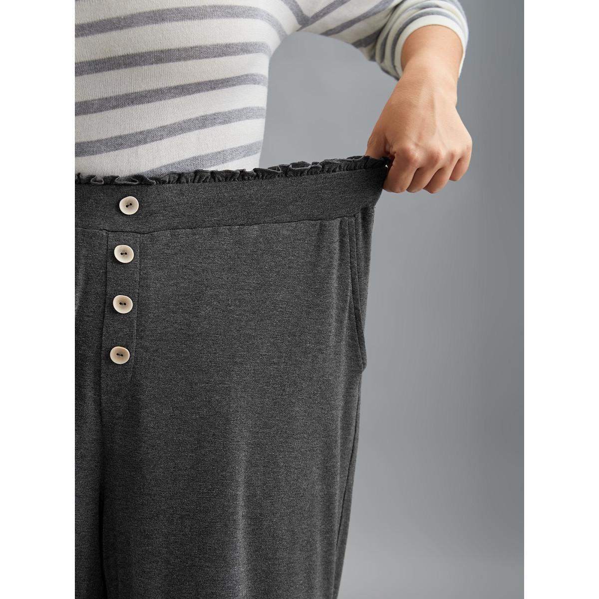 Plus Size Button-Front Ruffled Waist Stretchy Pants Women DimGray Casual Wide Leg Mid Rise Everyday Pants BloomChic 26/4X Product Image