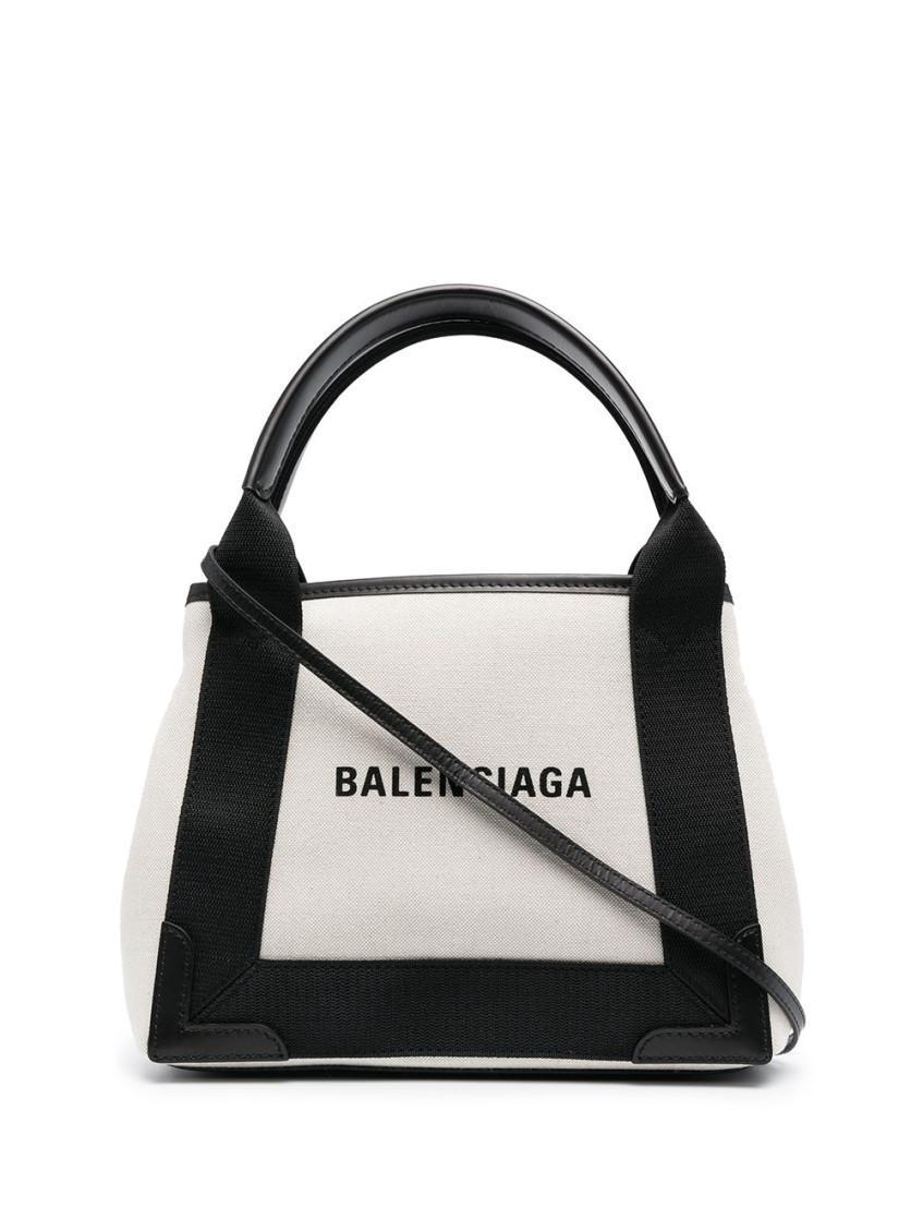 BALENCIAGA Navy Cabas Small Leather-trimmed Printed Canvas Tote In White Product Image