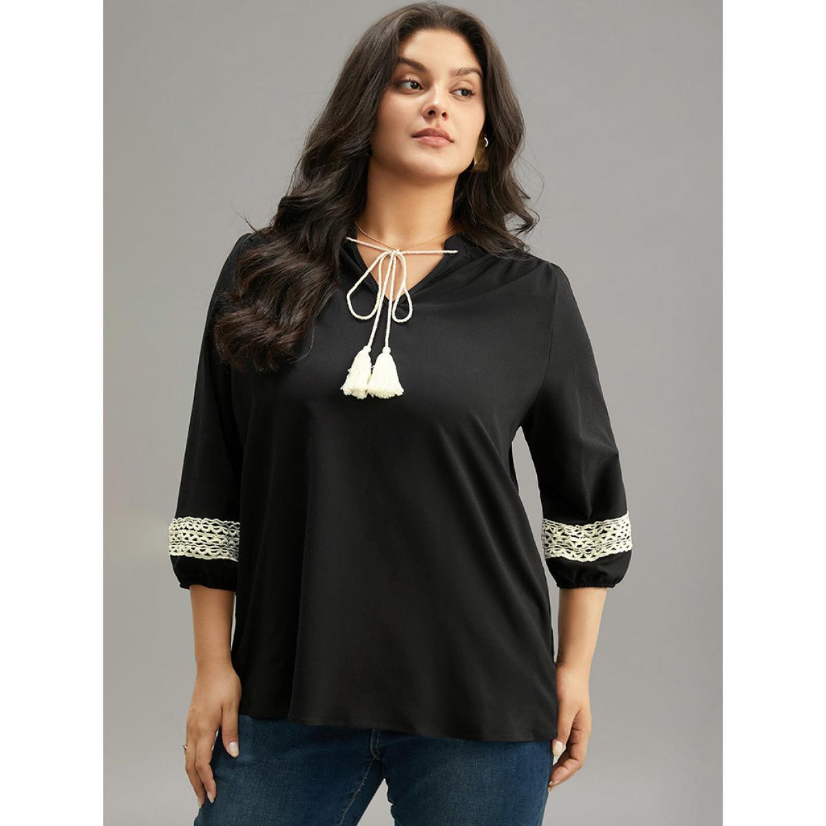 Plus Size Black Patchwork Tassel Trim Knot Lantern Sleeve Blouse Women Vacation Long Sleeve V-neck Dailywear Blouses BloomChic 14-16/1X Product Image