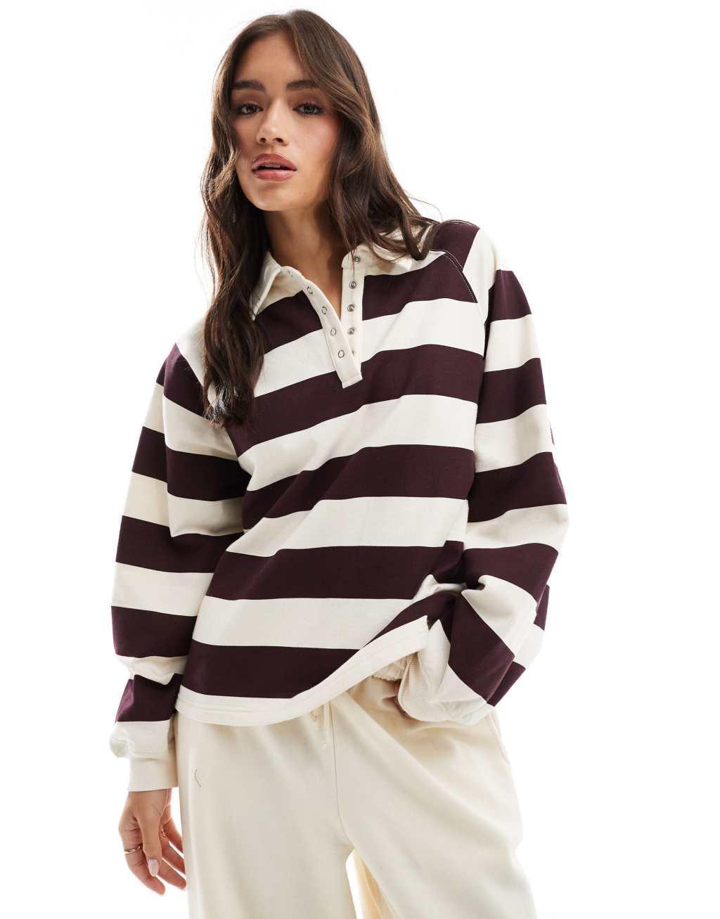 Cotton On button down lounge pullover sweatshirt in burgundy stripe Product Image